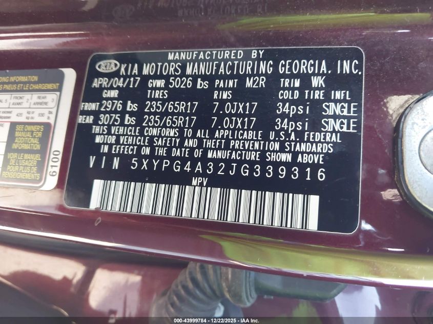 2018 Kia Sorento 2.4L Lx VIN: 5XYPG4A32JG339316 Lot: 43999784