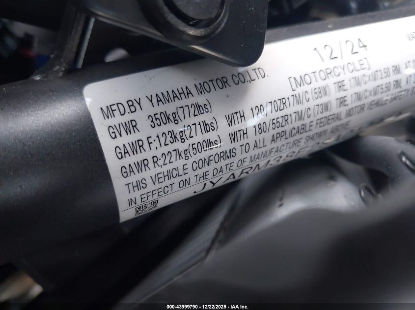 2025 Yamaha Yzfr7 VIN: JYARM38E2SA017243 Lot: 43999790