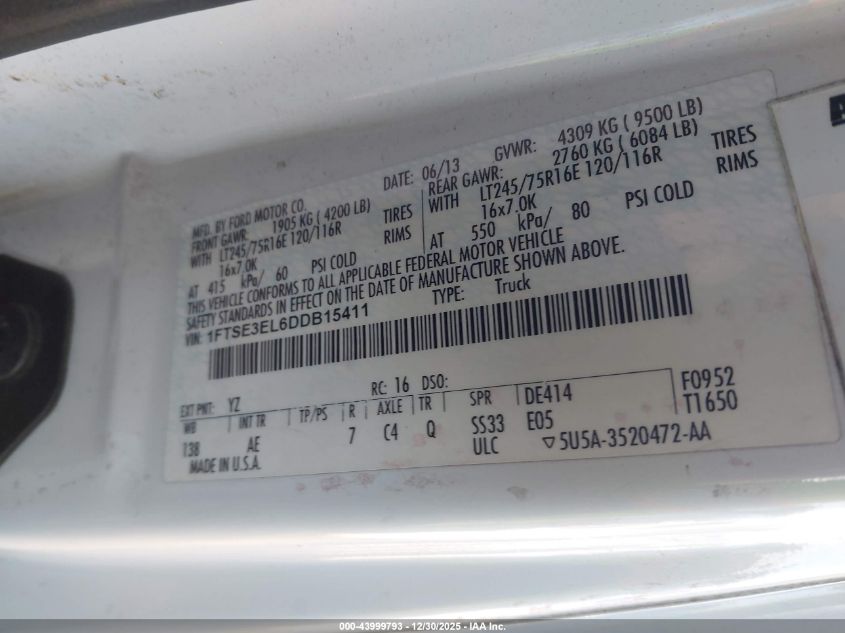 2013 Ford E-350 Super Duty Commercial VIN: 1FTSE3EL6DDB15411 Lot: 43999793