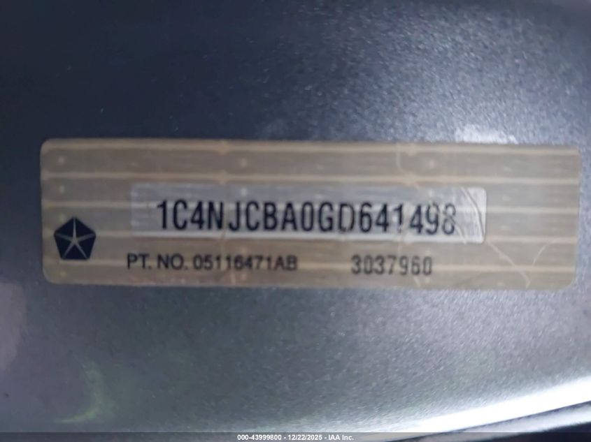 2016 Jeep Compass Sport VIN: 1C4NJCBA0GD641498 Lot: 43999800