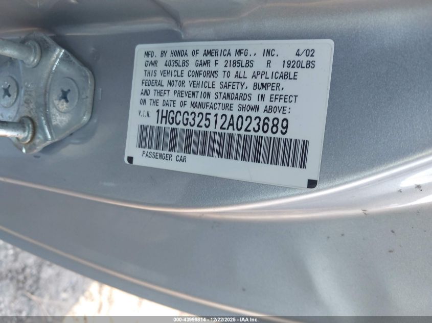 2002 Honda Accord 2.3 Ex VIN: 1HGCG32512A023689 Lot: 43999814