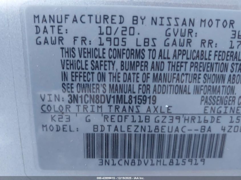 2021 Nissan Versa S Xtronic Cvt VIN: 3N1CN8DV1ML815919 Lot: 43999815