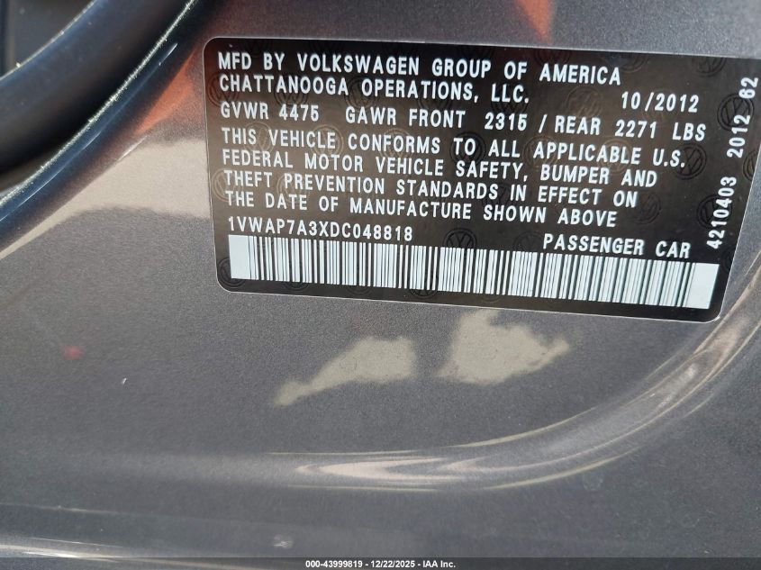 2013 Volkswagen Passat S VIN: 1VWAP7A3XDC048818 Lot: 43999819