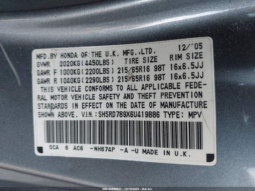 2006 Honda Cr-V Se VIN: SHSRD789X6U419886 Lot: 43999821