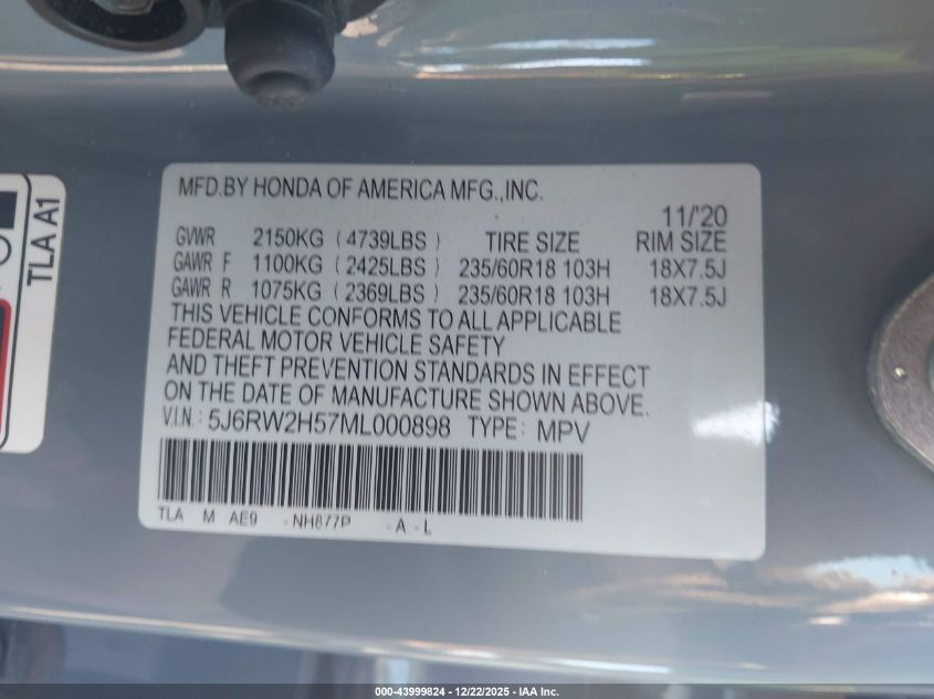 2021 Honda Cr-V Awd Ex VIN: 5J6RW2H57ML000898 Lot: 43999824