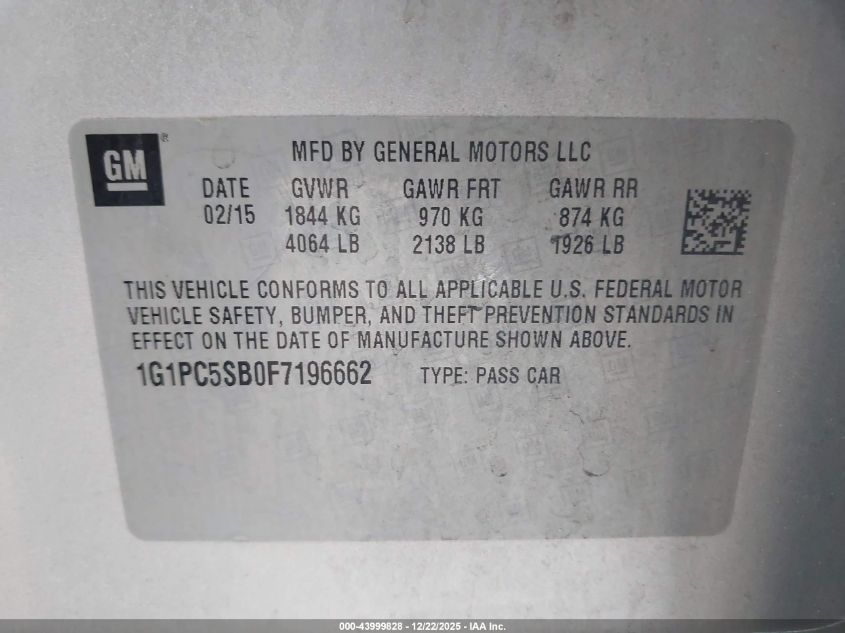 2015 Chevrolet Cruze 1Lt Auto VIN: 1G1PC5SB0F7196662 Lot: 43999828