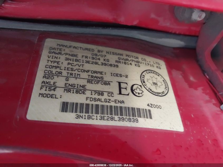 2008 Nissan Versa 1.8Sl VIN: 3N1BC13E28L390839 Lot: 43999836