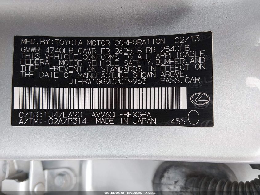 2013 Lexus Es 300H VIN: JTHBW1GG9D2019963 Lot: 43999843