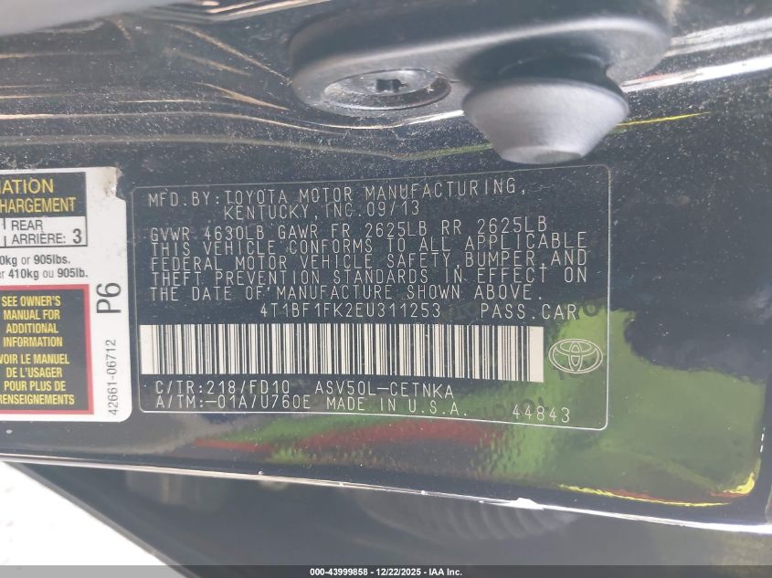 2014 Toyota Camry Le VIN: 4T1BF1FK2EU311253 Lot: 43999858