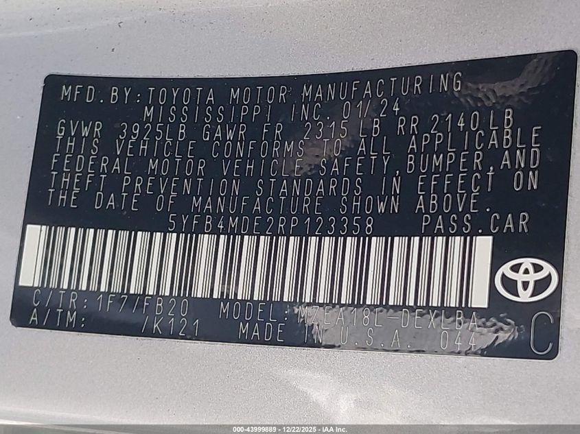 2024 Toyota Corolla Le VIN: 5YFB4MDE2RP123358 Lot: 43999889