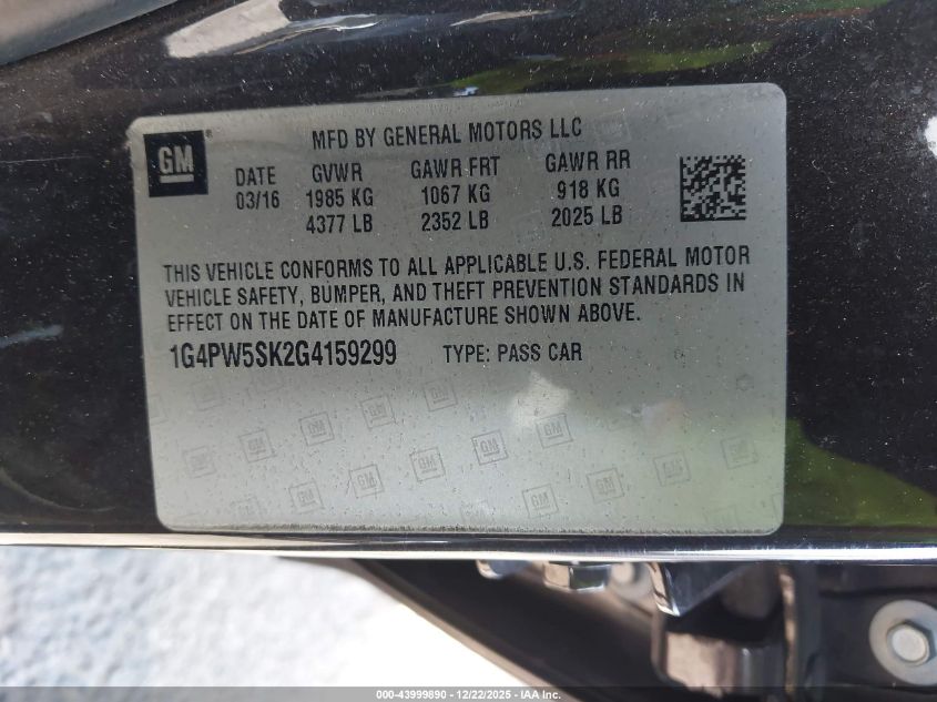 2016 Buick Verano Sport Touring Group VIN: 1G4PW5SK2G4159299 Lot: 43999890