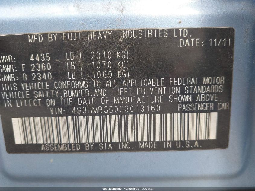 2012 Subaru Legacy 2.5I Premium VIN: 4S3BMBG60C3013160 Lot: 43999892
