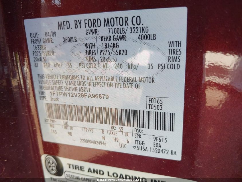 2009 Ford F-150 King Ranch/Lariat/Platinum/Xl/Xlt VIN: 1FTPW12V29FA96879 Lot: 43999897