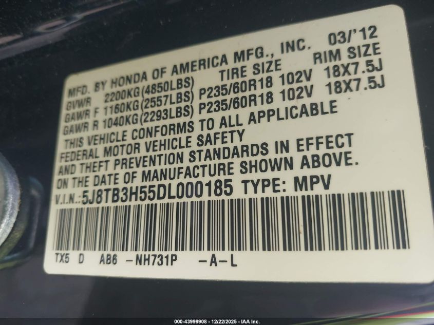 2013 Acura Rdx VIN: 5J8TB3H55DL000185 Lot: 43999908