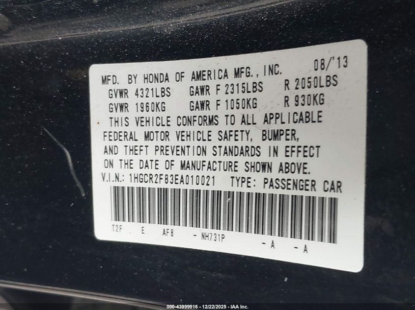 2014 Honda Accord Ex-L VIN: 1HGCR2F83EA010021 Lot: 43999916