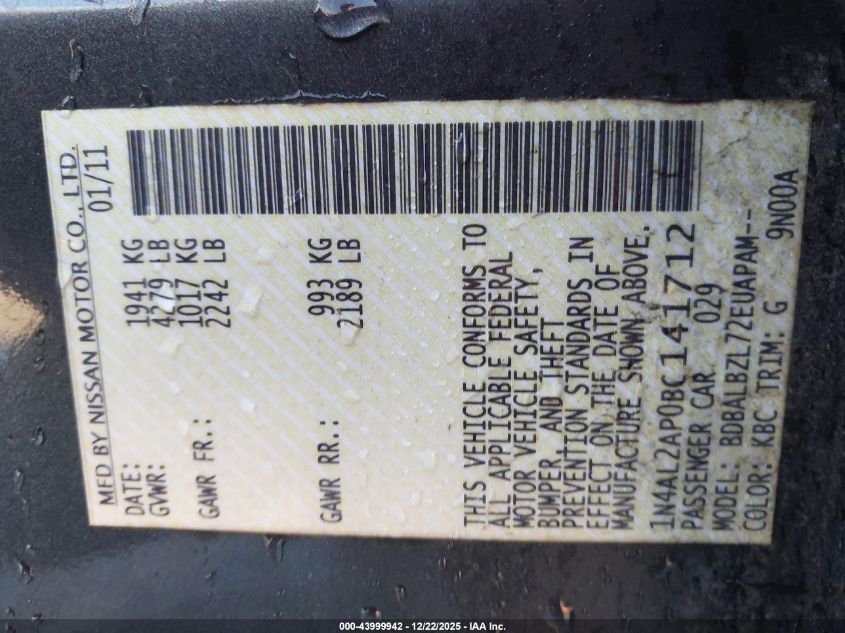 2011 Nissan Altima 2.5 S VIN: 1N4AL2AP0BC141712 Lot: 43999942