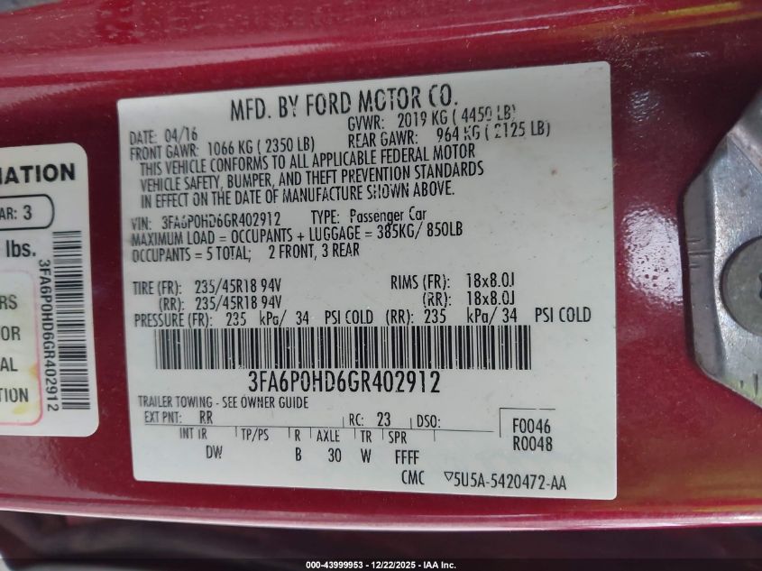 2016 Ford Fusion Se VIN: 3FA6P0HD6GR402912 Lot: 43999953