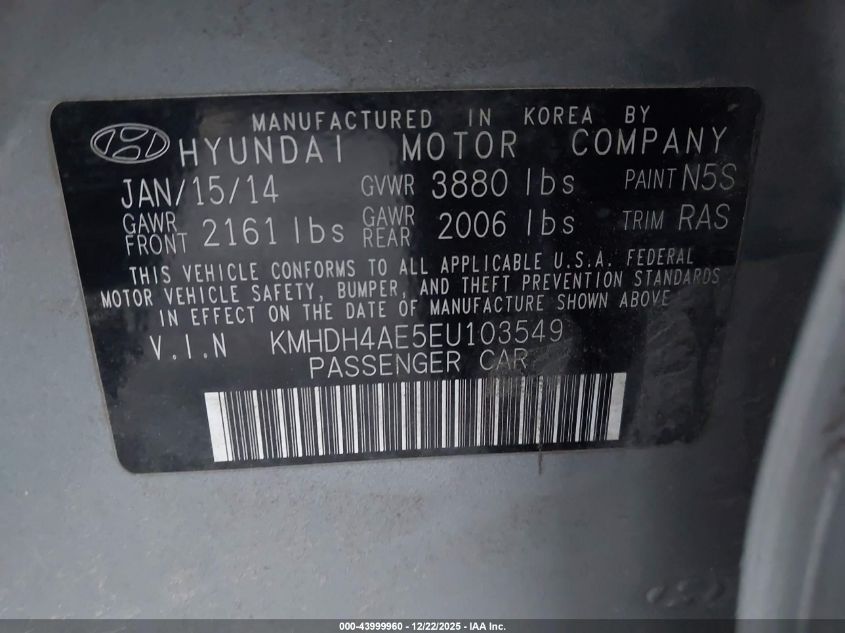 2014 Hyundai Elantra Limited VIN: KMHDH4AE5EU103549 Lot: 43999960