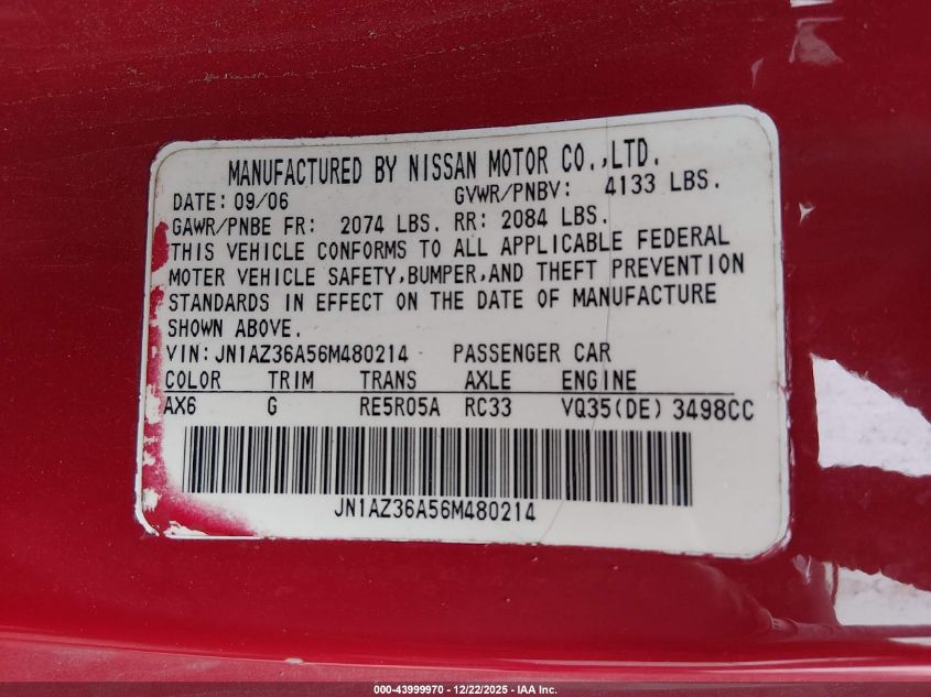 2006 Nissan 350Z Touring VIN: JN1AZ36A56M480214 Lot: 43999970