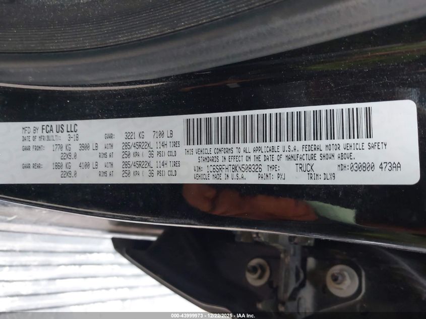 2019 Ram 1500 Limited 4X4 5'7 Box VIN: 1C6SRFHT8KN508326 Lot: 43999973