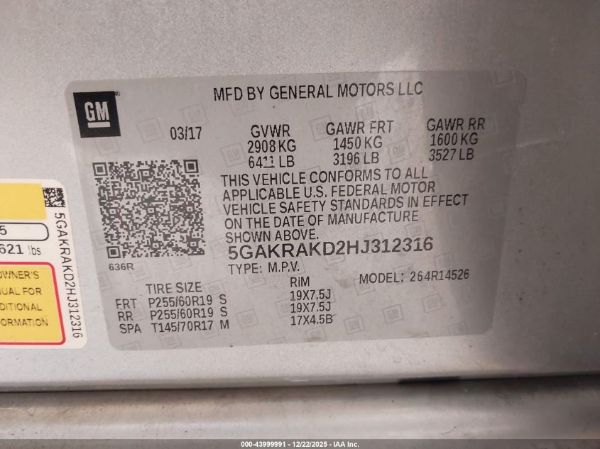 2017 Buick Enclave Convenience VIN: 5GAKRAKD2HJ312316 Lot: 43999991