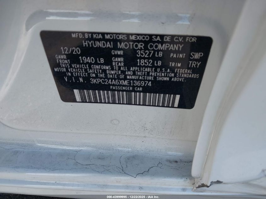 2021 Hyundai Accent Se VIN: 3KPC24A6XME136974 Lot: 43999995