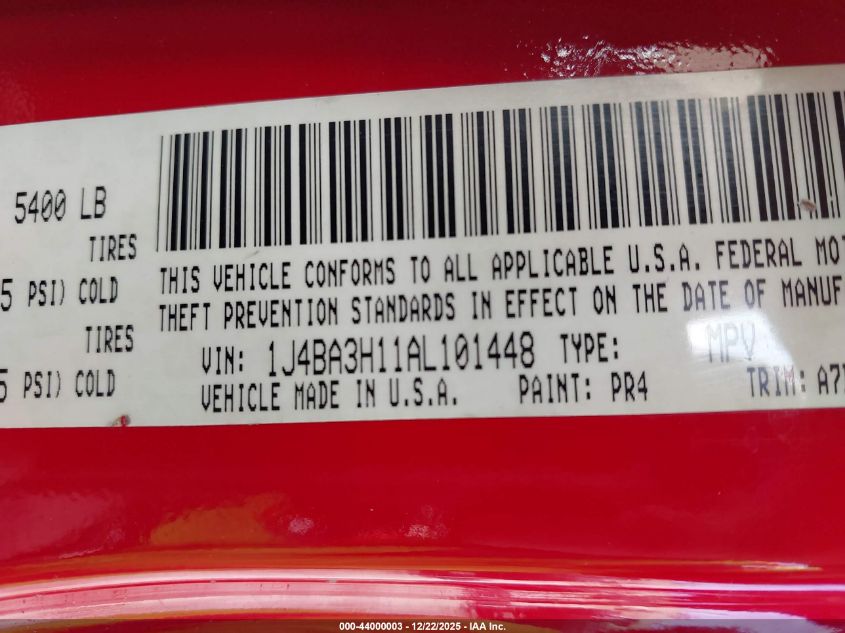 2010 Jeep Wrangler Unlimited Sport VIN: 1J4BA3H11AL101448 Lot: 44000003