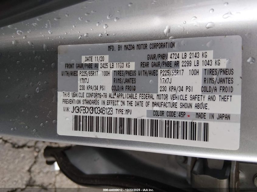 2021 Mazda Cx-5 Touring VIN: JM3KFBCM3M0346123 Lot: 44000012