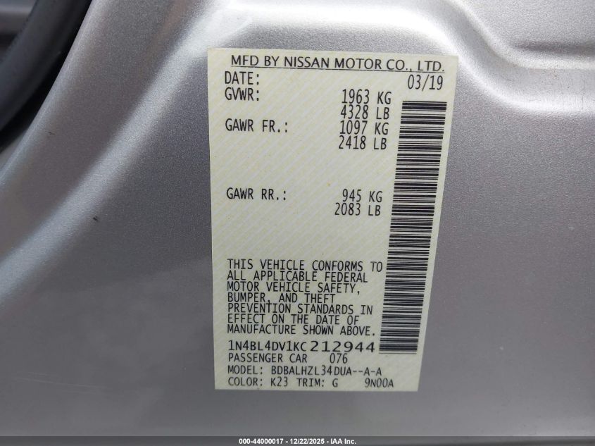 2019 Nissan Altima 2.5 Sv VIN: 1N4BL4DV1KC212944 Lot: 44000017