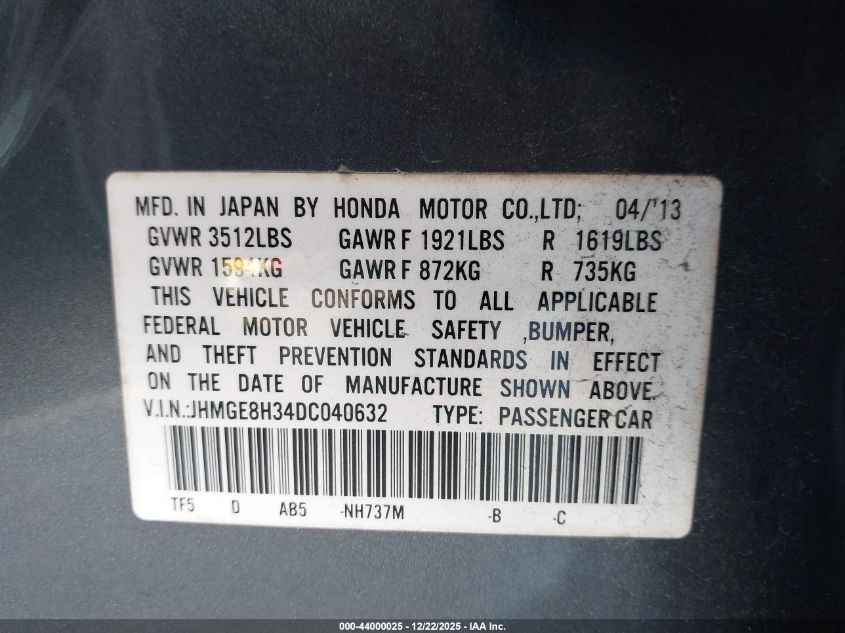 2013 Honda Fit VIN: JHMGE8H34DC040632 Lot: 44000025