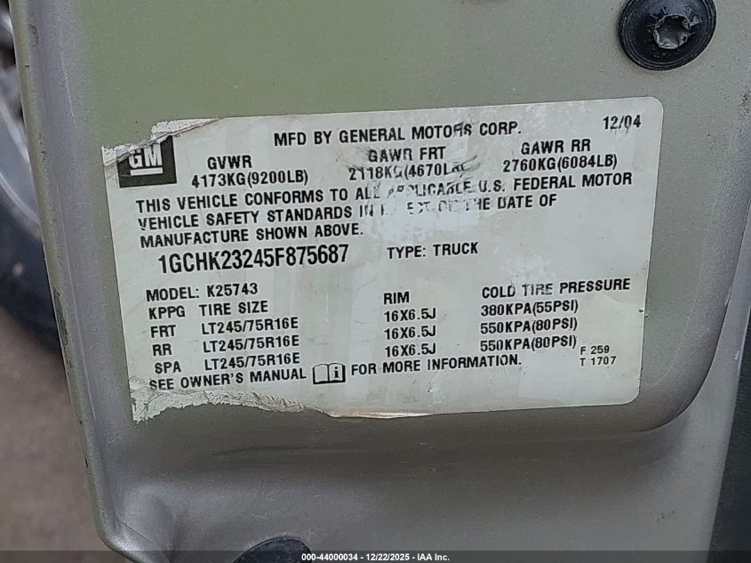 2005 Chevrolet Silverado 2500Hd Lt VIN: 1GCHK23245F875687 Lot: 44000034