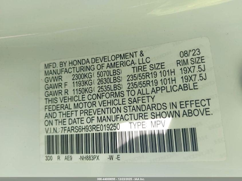 2024 Honda Cr-V Hybrid Sport Touring VIN: 7FARS6H93RE019250 Lot: 44000095