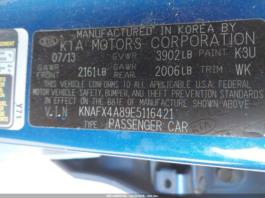 2014 Kia Forte Ex VIN: KNAFX4A89E5116421 Lot: 44000106