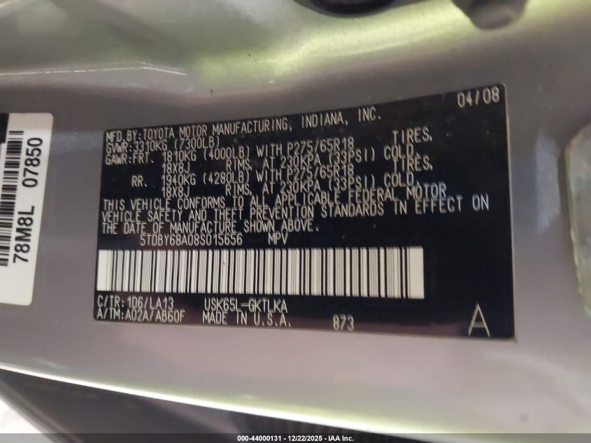 2008 Toyota Sequoia Limited 5.7L V8 VIN: 5TDBY68A08S015656 Lot: 44000131