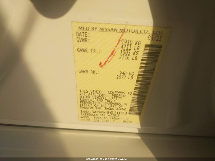 2015 Nissan Altima 2.5 Sl VIN: 1N4AL3AP4FN861093 Lot: 44000132