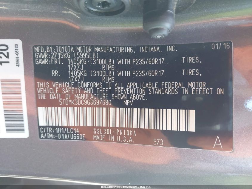 2016 Toyota Sienna Xle 8 Passenger VIN: 5TDYK3DC9GS697680 Lot: 44000136