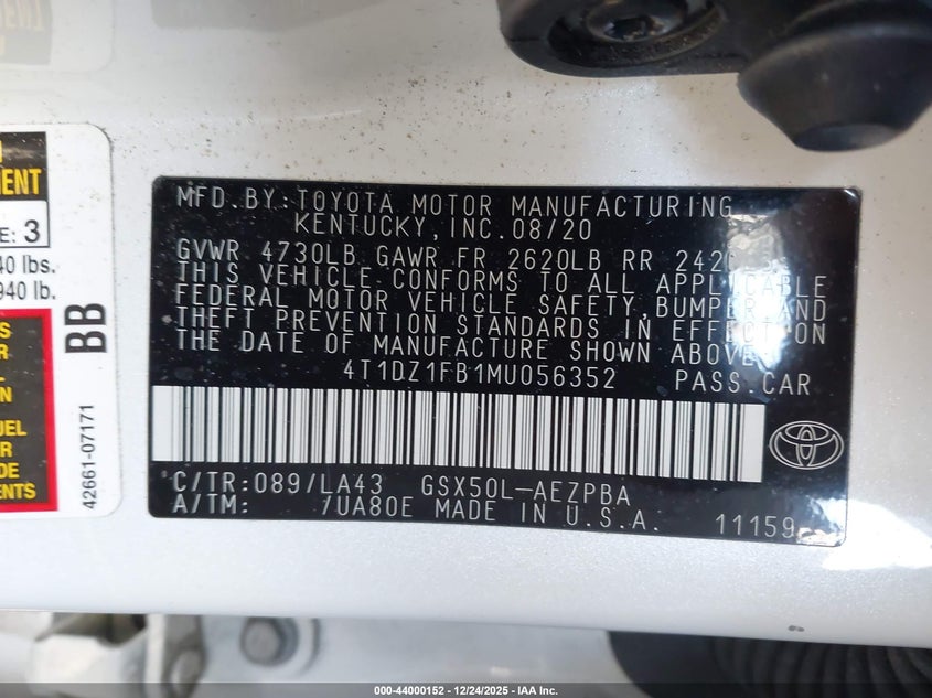VIN 4T1DZ1FB1MU056352 2021 TOYOTA AVALON LIMITED