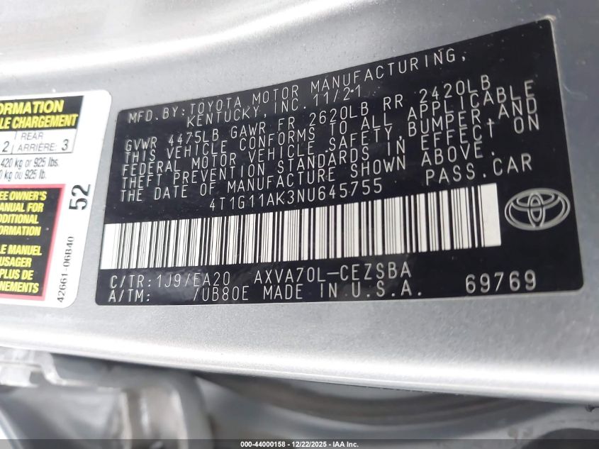 2022 Toyota Camry Se VIN: 4T1G11AK3NU645755 Lot: 44000158