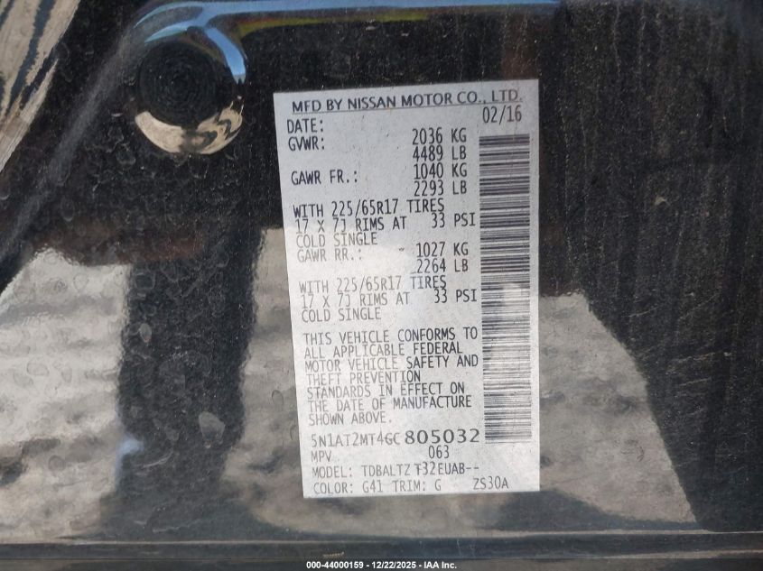 2016 Nissan Rogue Sv VIN: 5N1AT2MT4GC805032 Lot: 44000159