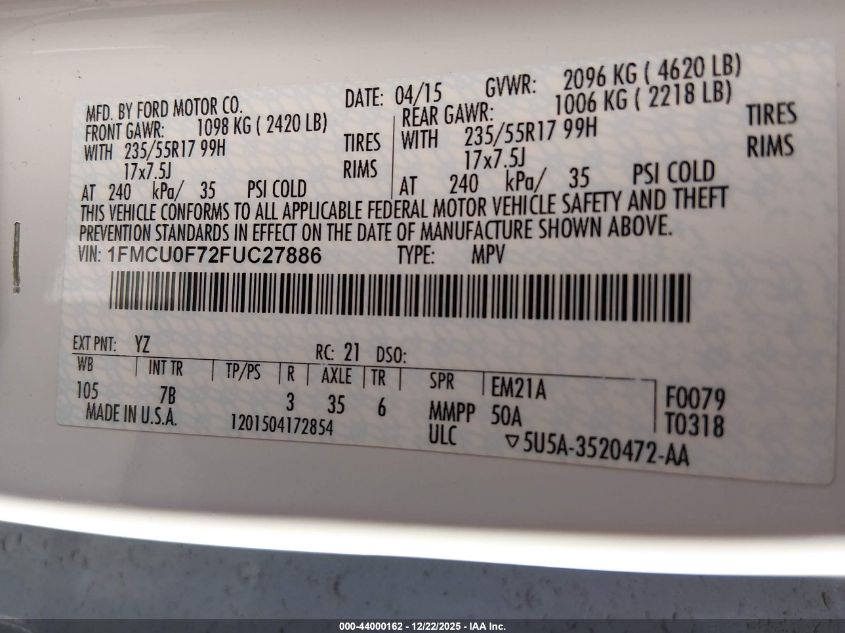 2015 Ford Escape S VIN: 1FMCU0F72FUC27886 Lot: 44000162