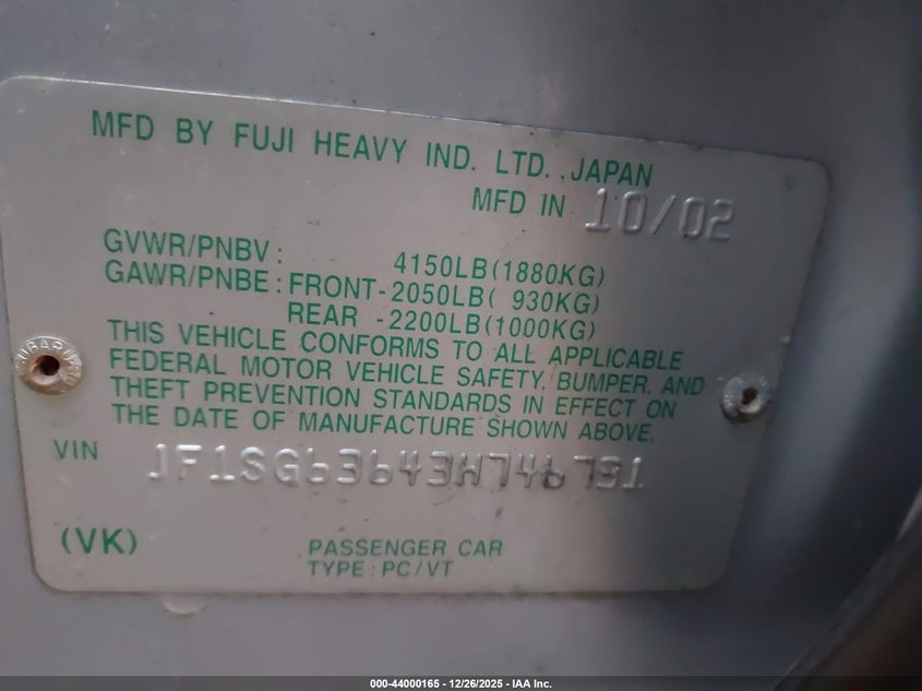 2003 Subaru Forester X VIN: JF1SG63643H746731 Lot: 44000165