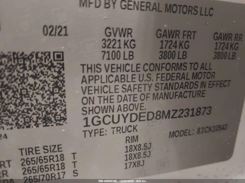 2021 Chevrolet Silverado 1500 4Wd Short Bed Lt VIN: 1GCUYDED8MZ231873 Lot: 44000166