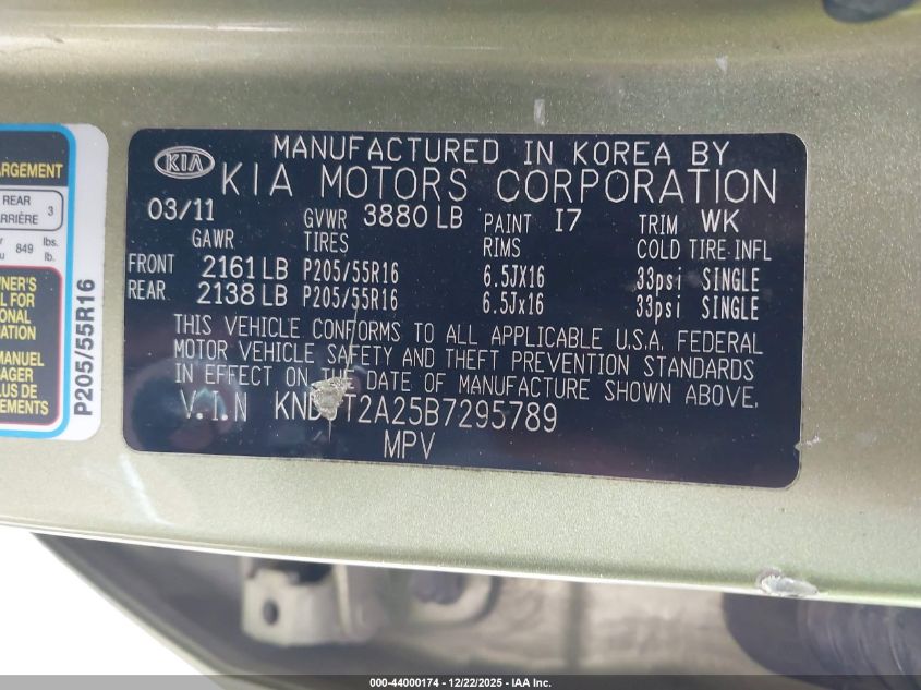 2011 Kia Soul + VIN: KNDJT2A25B7295789 Lot: 44000174