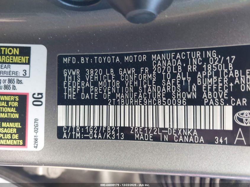 2017 Toyota Corolla Le VIN: 2T1BURHE9HC850096 Lot: 44000179