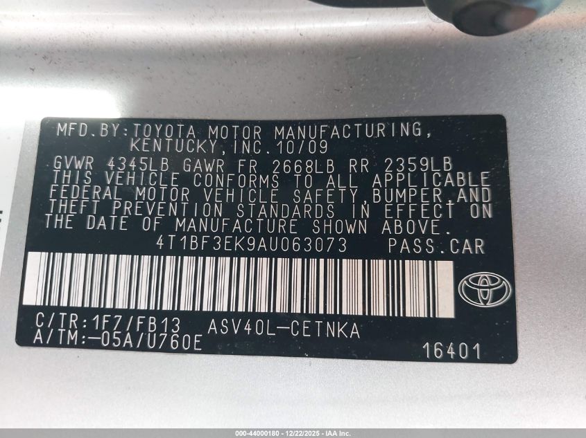 2010 Toyota Camry Le VIN: 4T1BF3EK9AU063073 Lot: 44000180