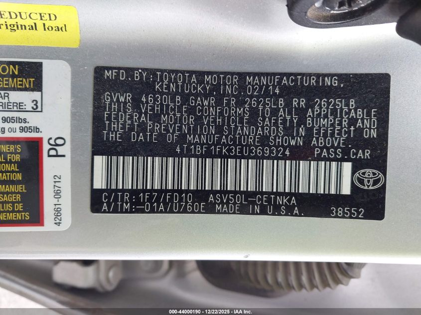 2014 Toyota Camry Le VIN: 4T1BF1FK3EU369324 Lot: 44000190