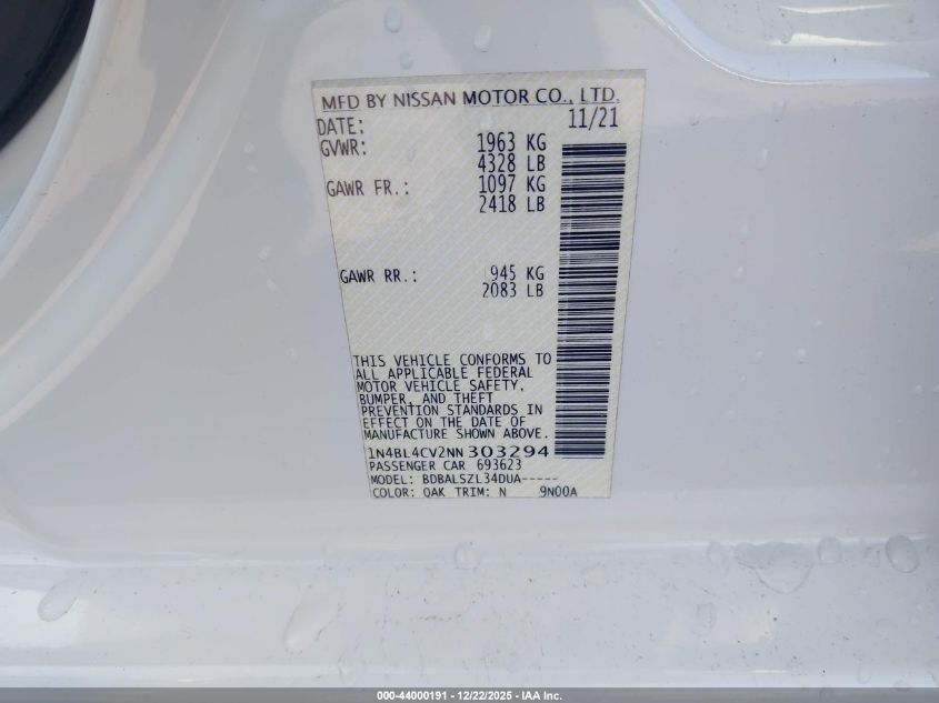 2022 Nissan Altima Sr Fwd VIN: 1N4BL4CV2NN303294 Lot: 44000191