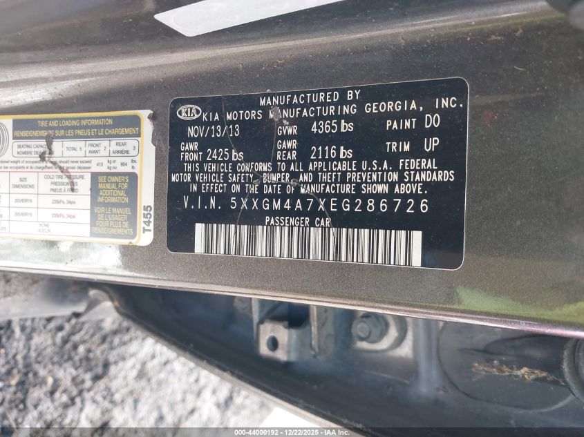 2014 Kia Optima Lx VIN: 5XXGM4A7XEG286726 Lot: 44000192