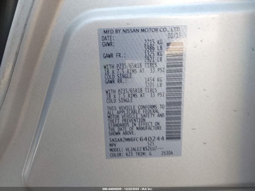 2015 Nissan Pathfinder Platinum/S/Sl/Sv VIN: 5N1AR2MN6FC640244 Lot: 44000209