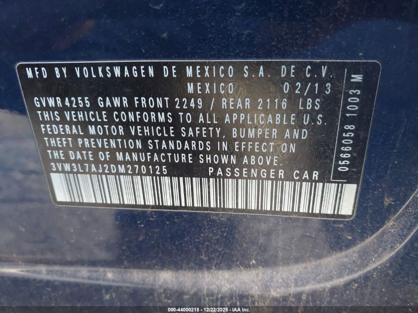 2013 Volkswagen Jetta 2.0L Tdi VIN: 3VW3L7AJ2DM270125 Lot: 44000215